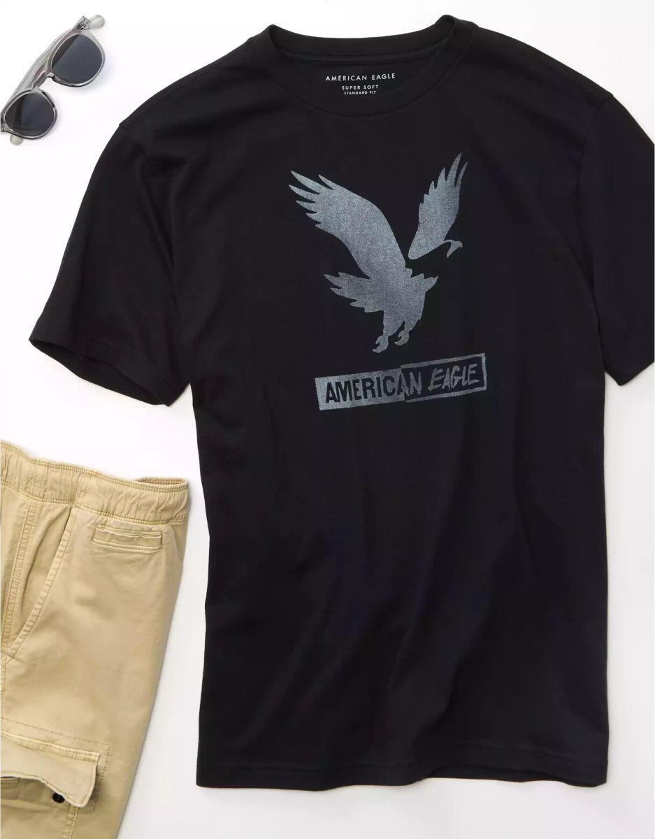 T Shirt Graphique American Eagle AE Super Soft Logo Noir Homme | PEZ-27981867